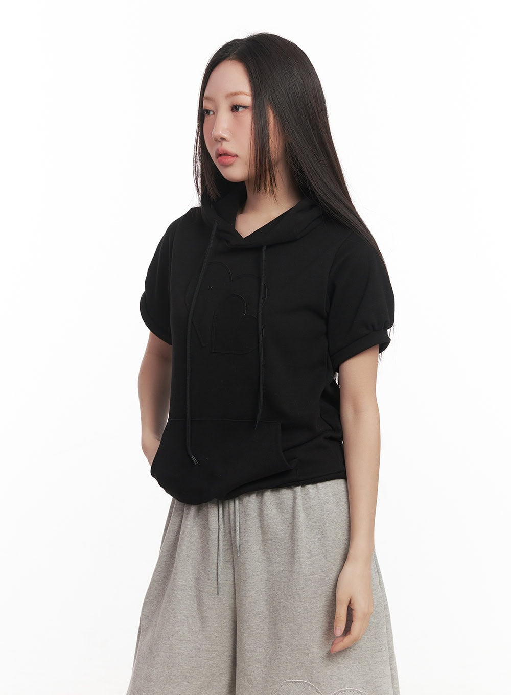 Heart Patched Puff Short-Sleeve Hoodie CM528
