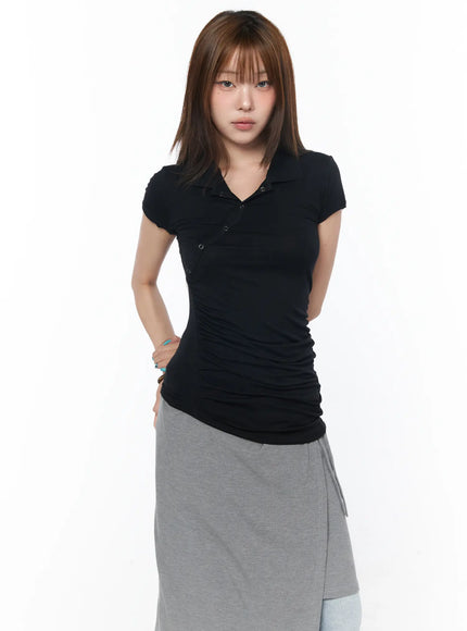 asymmetrical-snap-collar-shirred-tee-cy529 / Black