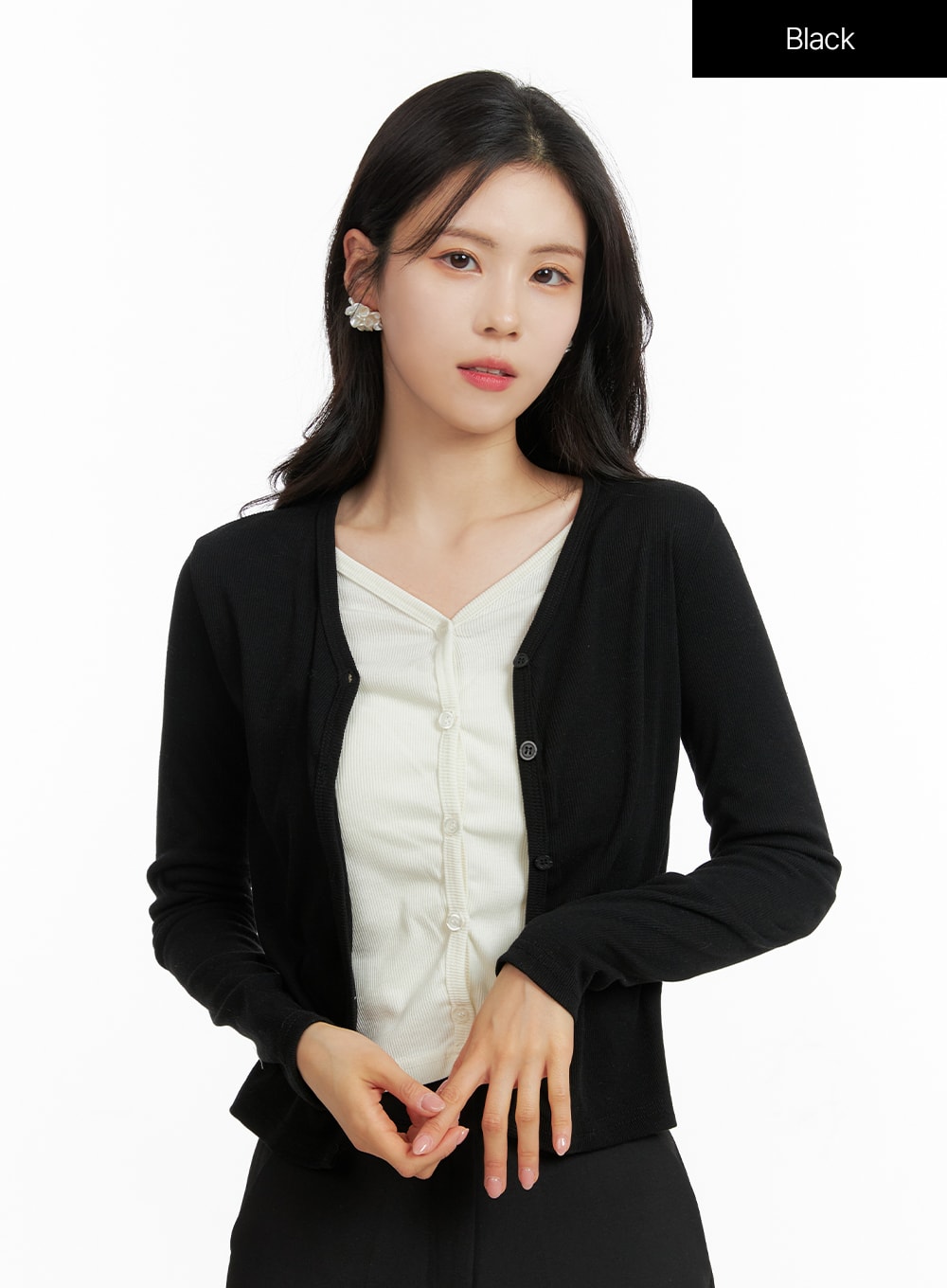 buttoned-layered-cardigan-of415 / Black