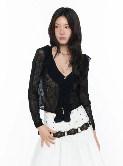 sheer-ruffle-faux-pearl-cardigan-ca527 / Black