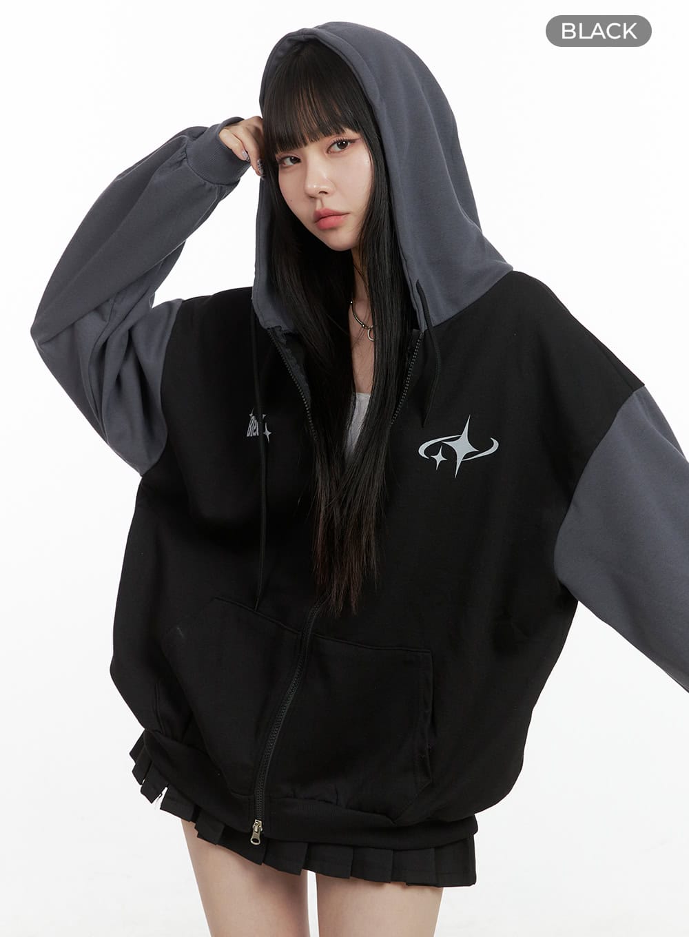 mixed-color-oversized-zip-up-hoodie-oo401 / Black