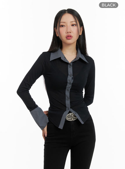 contrasting-binding-button-up-blouse-cm421 / Black