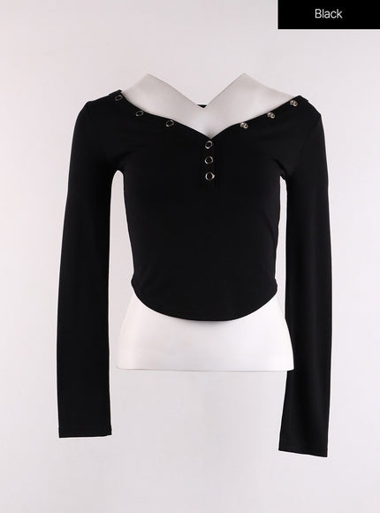 v-neck-button-long-sleeve-cf401 / Black