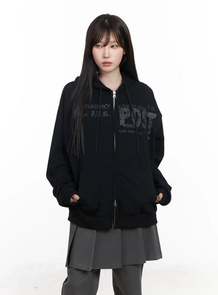 oversized-graphic-zip-up-hoodie-cf523 / Black