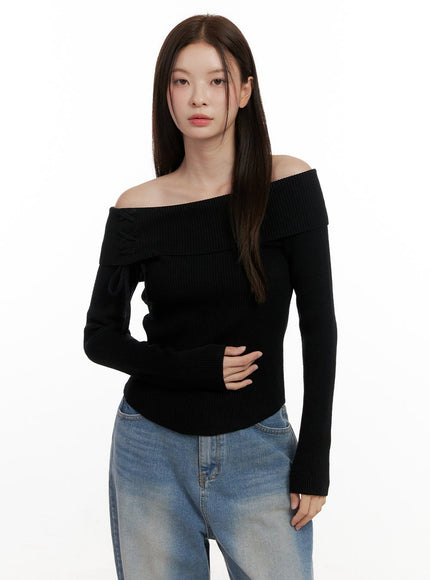 ribbon-detail-off-shoulder-sweater-on422 / Black