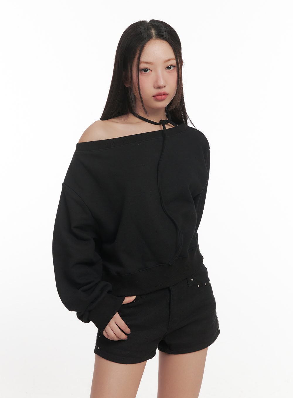 String One-Shoulder Crop Sweatshirt CF526