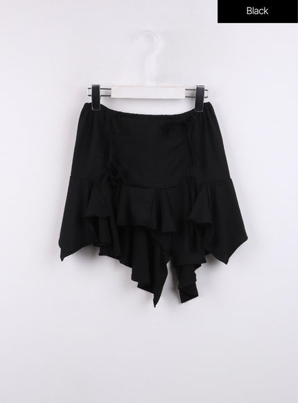 ribbon-ruffle-high-waist-mini-skirt-cj425 / Black