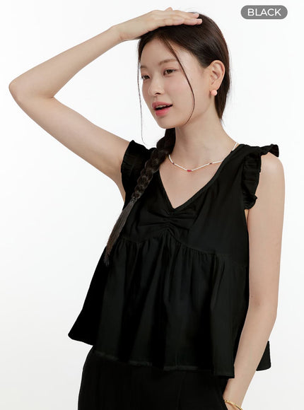 cotton-frill-v-neck-sleeveless-top-ol424 / Black