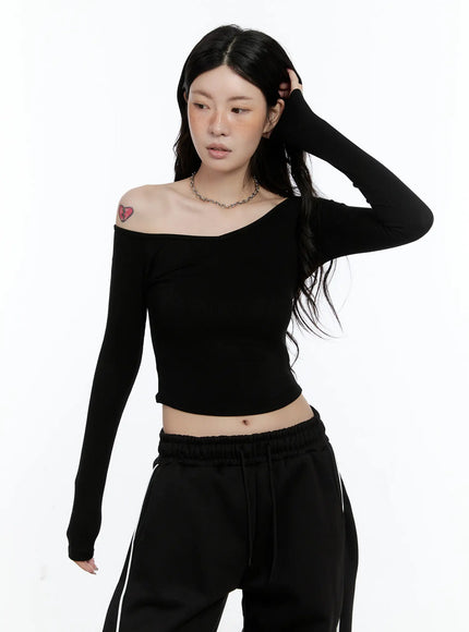 ribbed-off-shoulder-long-sleeve-cn517 / Black