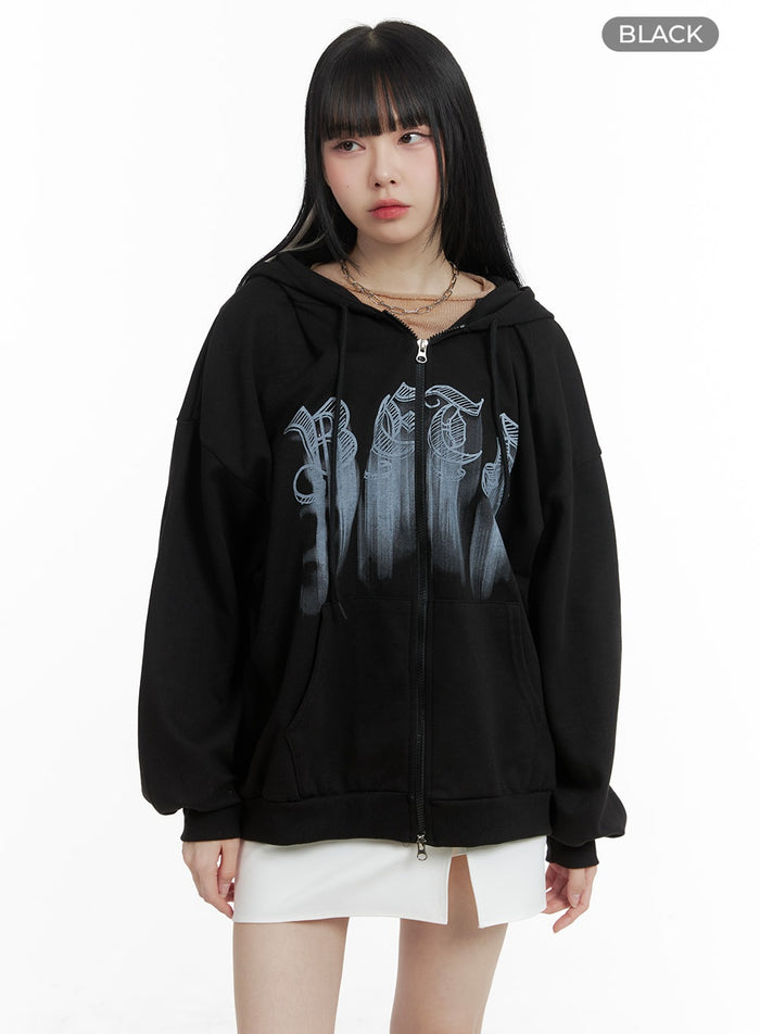 graphic-lettering-oversized-hoodie-jacket-om426 / Black