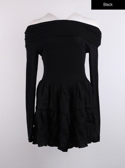 off-shoulder-frill-mini-dress-cj424 / Black