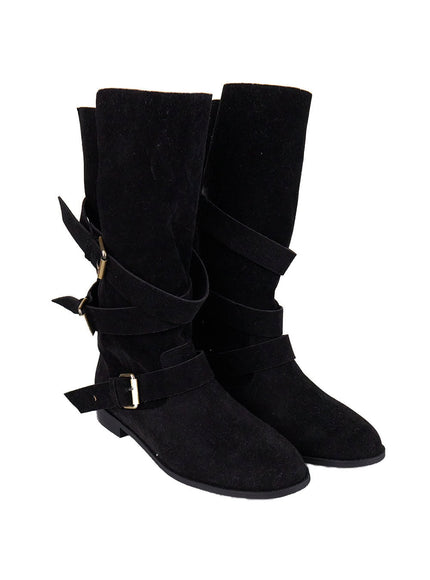 triple-buckle-suede-mid-calf-boots-cj511 / Black