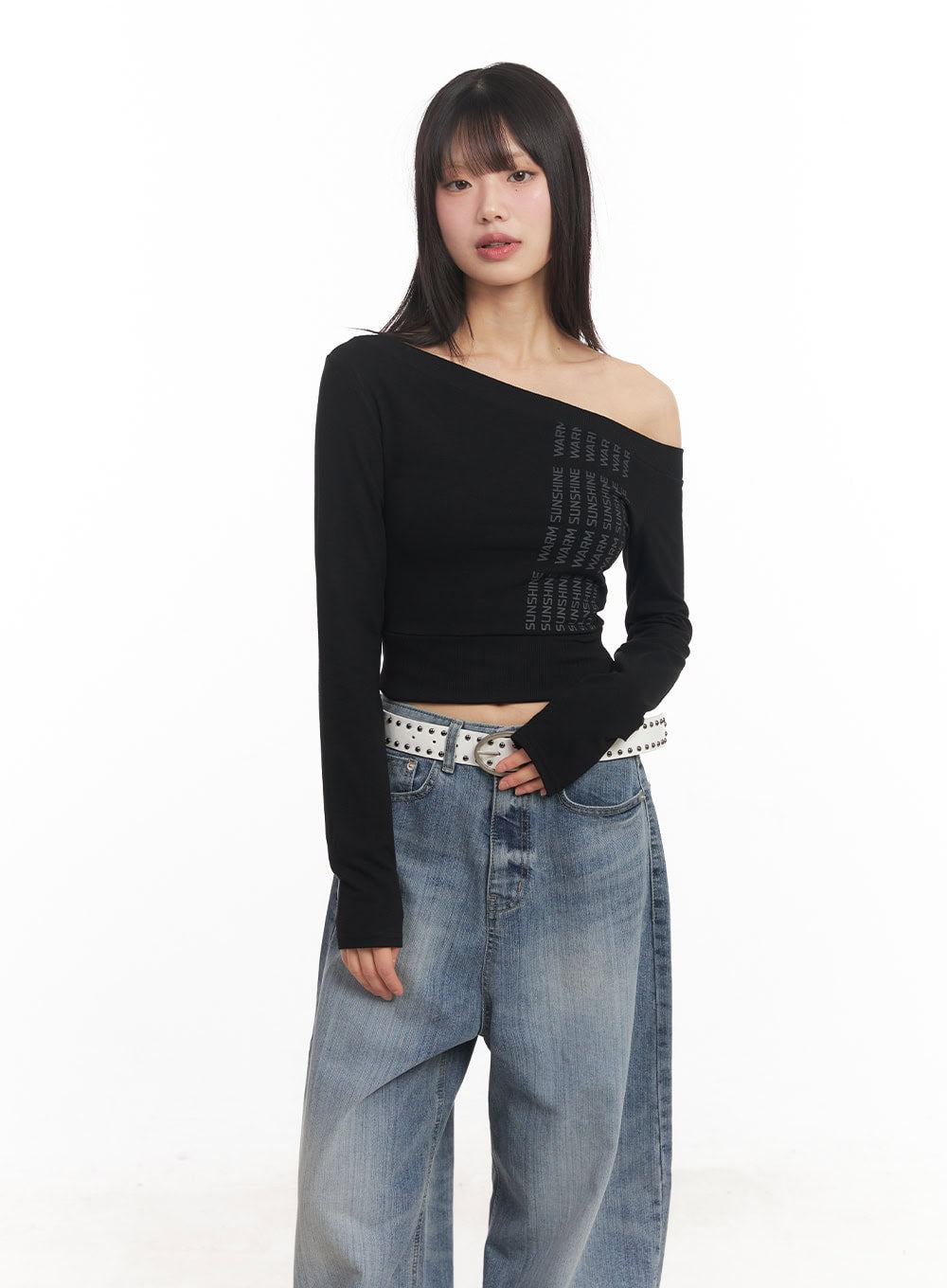 one-shoulder-wrap-long-sleeve-crop-top-ca522 / Black