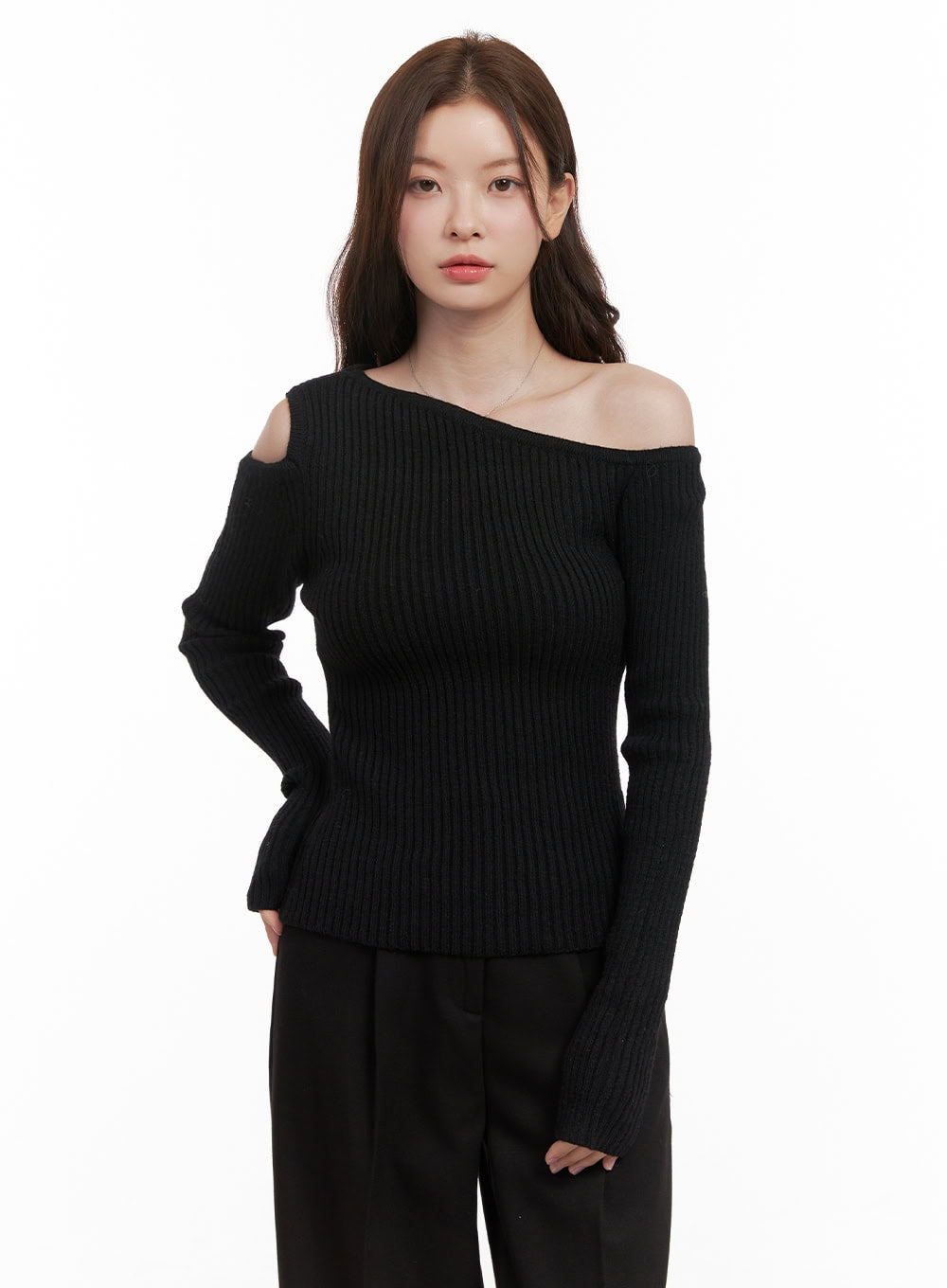 unbalanced-cut-out-one-shoulder-sweater-od403 / Black