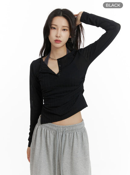 open-collar-slit-pocket-crop-top-cf429 / Black