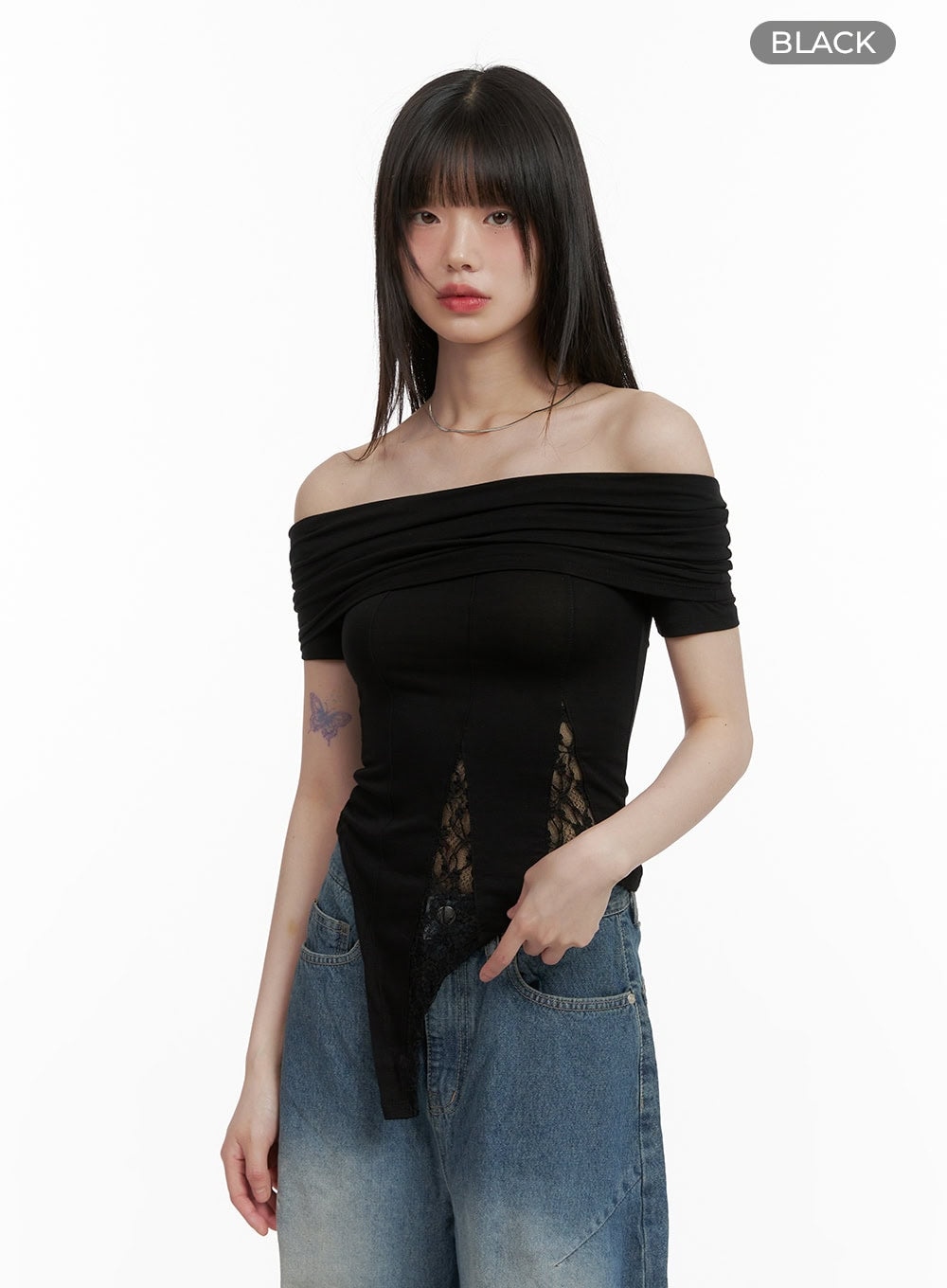 lace-patched-off-shoulder-top-cy428 / Black