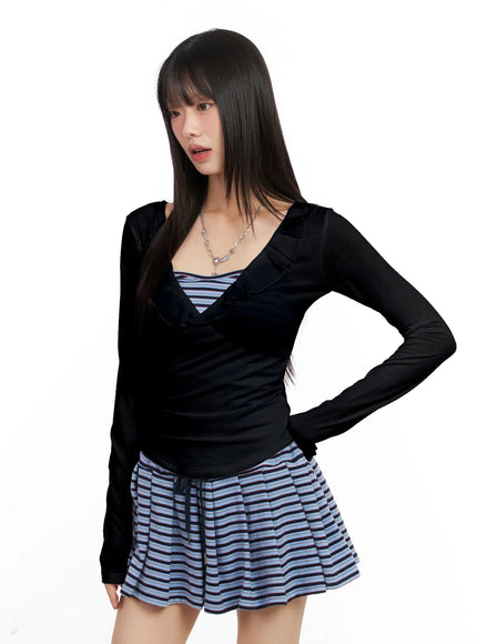 ruffled-v-neck-chiffon-top-cn520 / Black