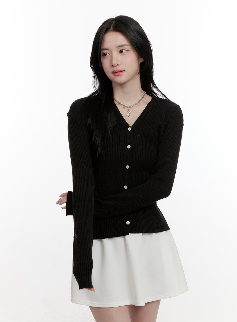 ribbed-slim-fit-buttoned-cardigan-cf528 / Black