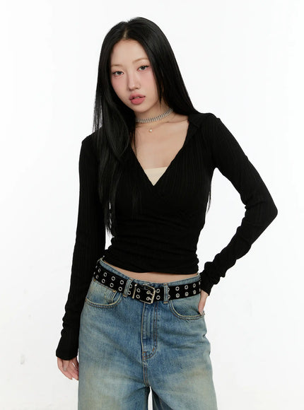 knit-wrap-hoodie-long-sleeve-top-cn505 / Black