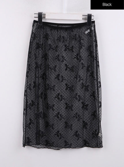 ribbon-detail-long-mesh-skirt-cj423 / Black