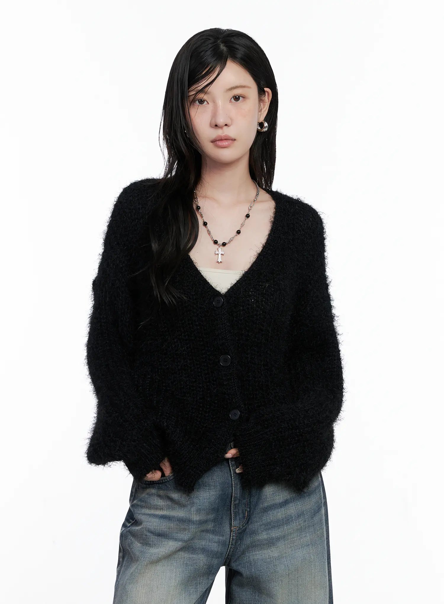 fuzzy-knit-cardigan-cs526 / Black
