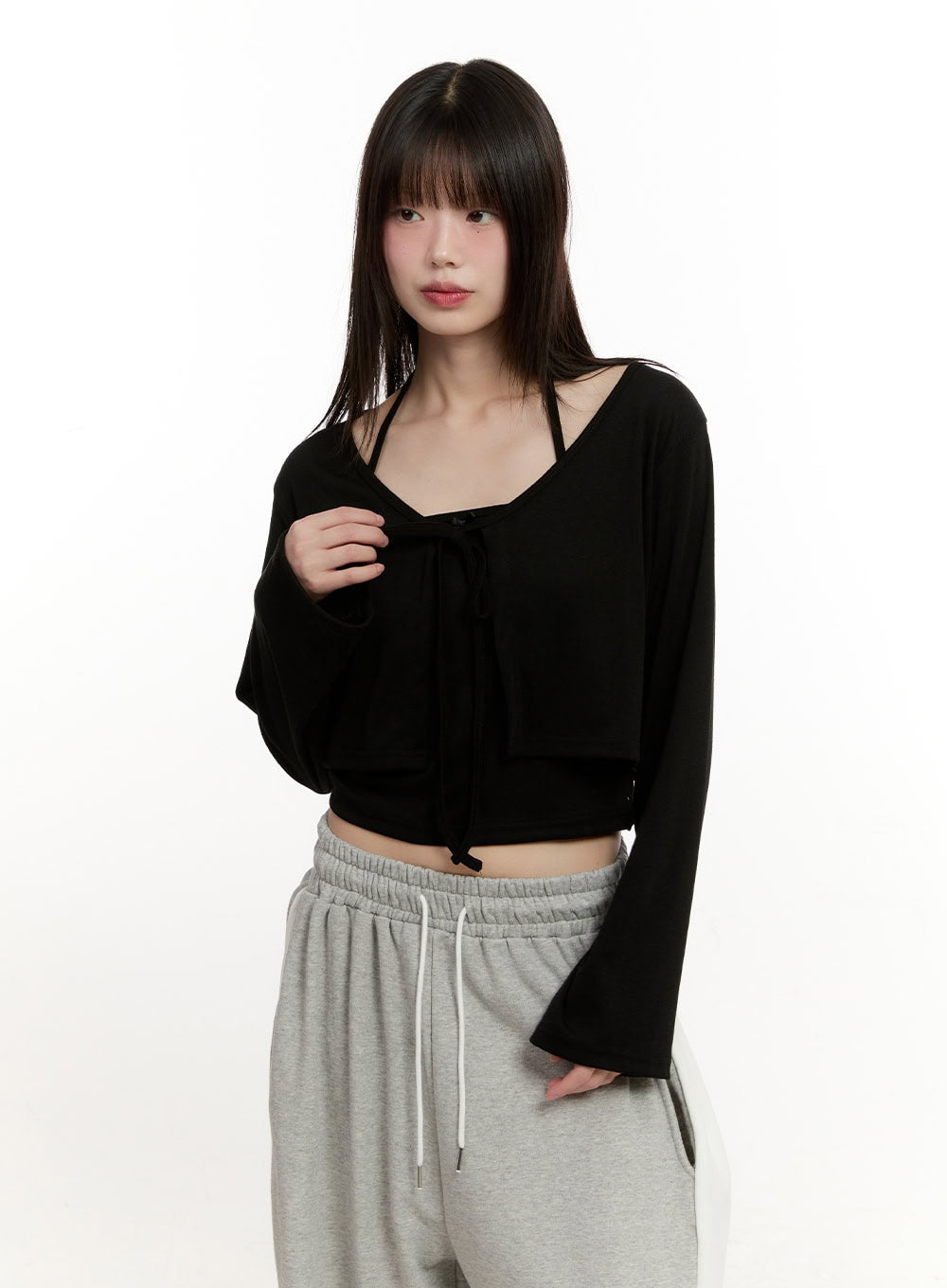 halter-top-ribbon-tie-cardigan-set-cm514 / Black