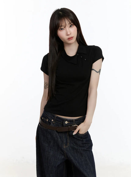 asymmetrical-collar-short-sleeve-top-ca501 / Black