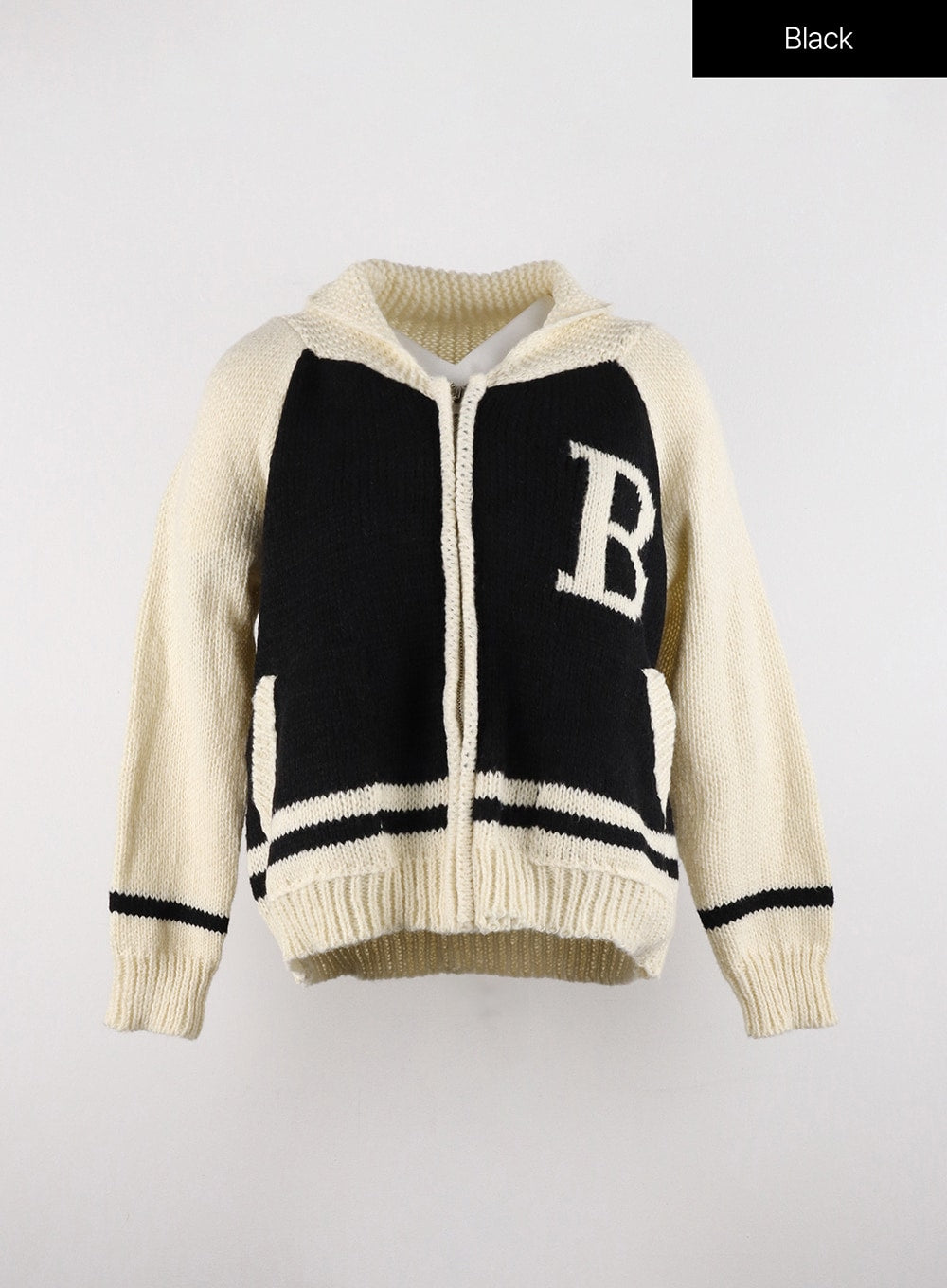 two-tone-graphic-lettering-knit-baseball-jacket-od320 / Black