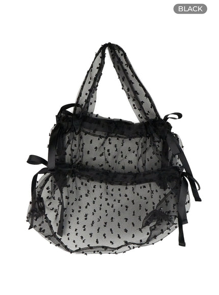 polka-dot-ribbon-mesh-tote-bag-oy427 / Black