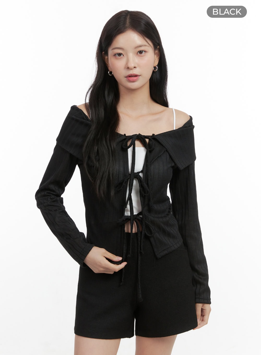 off-shoulder-ribbon-detail-cardigan-os423 / Black