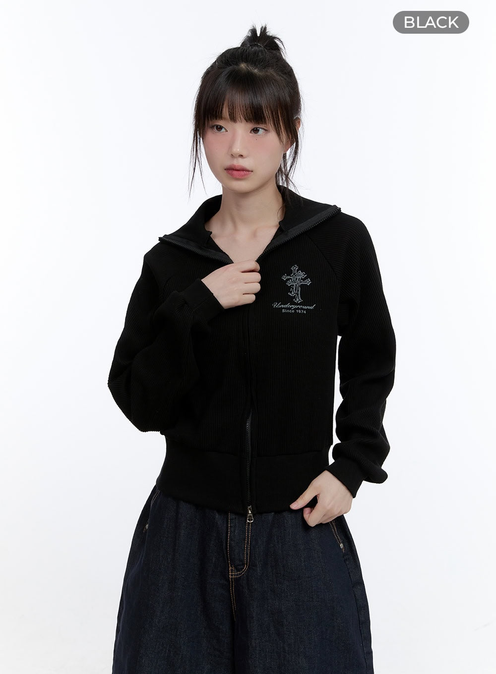 cotton-two-way-zip-up-graphic-sweat-hoodie-cg413 / Black