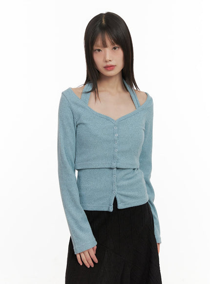 halter-neck-buttoned-cardigan-cd430 / Blue