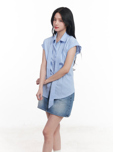 collared-blouse-top-neck-tie-set-cy523 / Blue