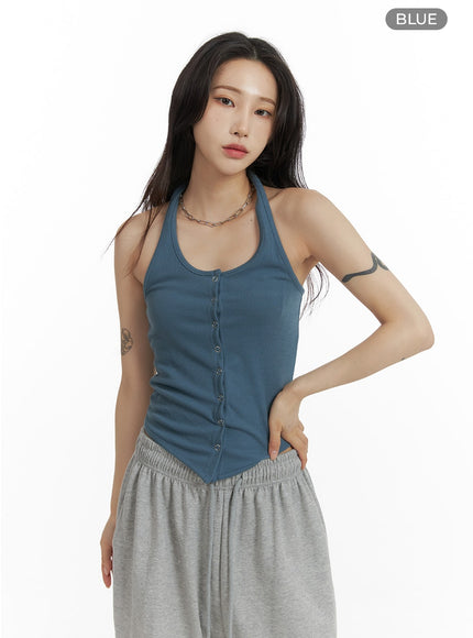 halter-button-up-tank-top-cf429 / Blue
