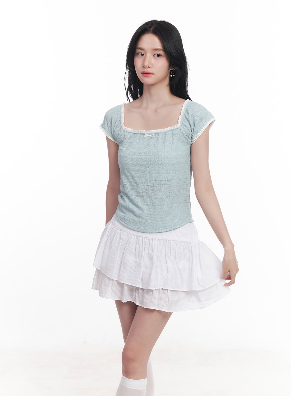 ribbon-lace-square-neck-crop-top-cy523 / Blue