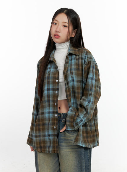 checkered-oversize-button-up-shirt-cn412 / Brown