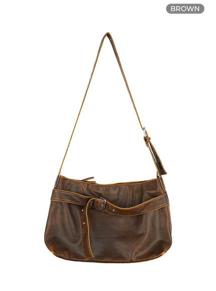 washed-buckle-faux-leather-crossbody-bag-cl424 / Brown