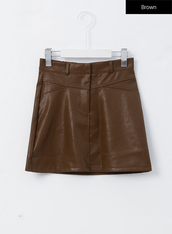 faux-leather-color-mini-skirt-oo304 / Brown