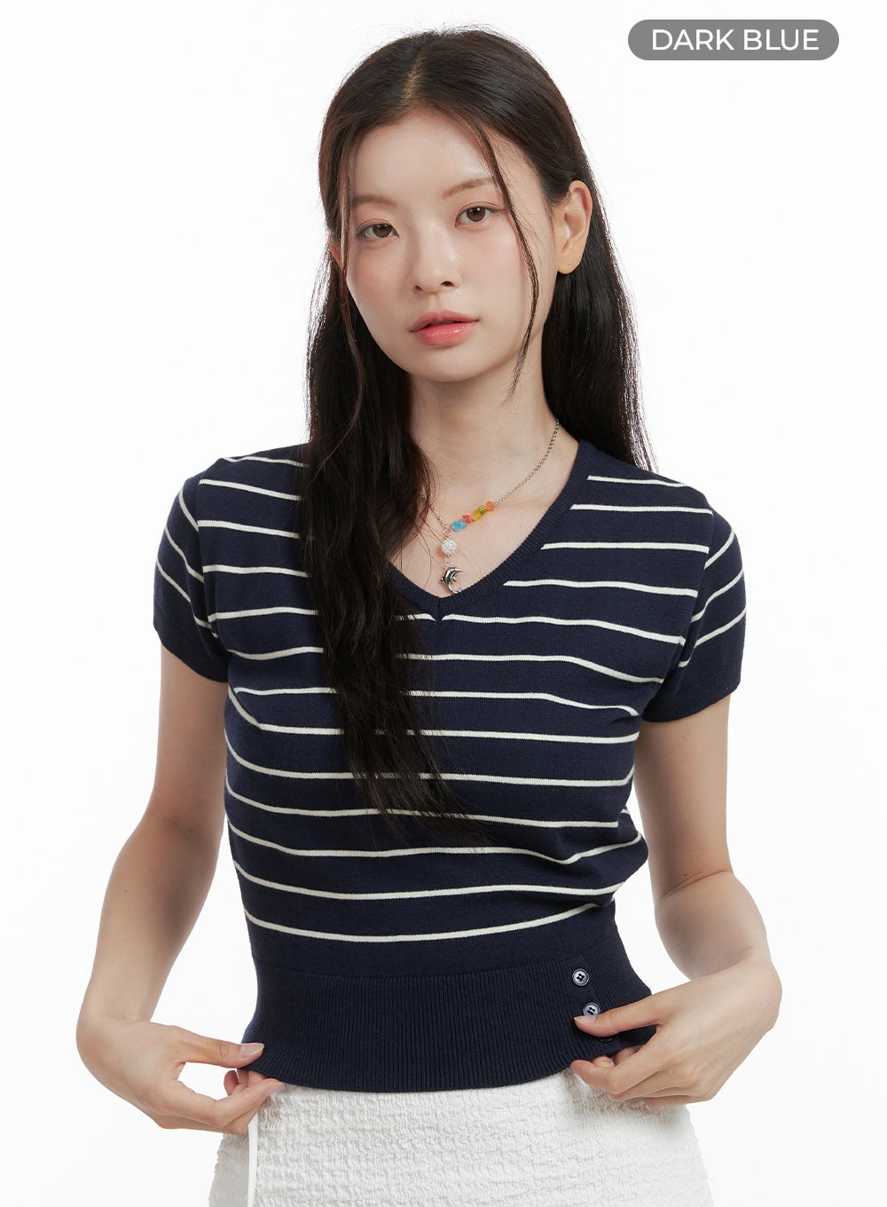 v-neck-knit-sweater-short-sleeve-ol416 / Dark blue