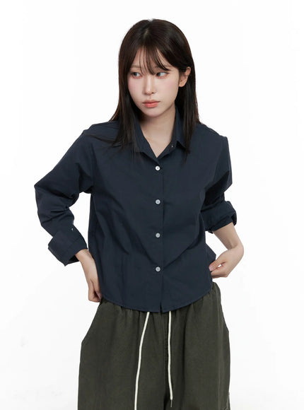 button-up-long-sleeve-crop-top-co520 / Dark blue