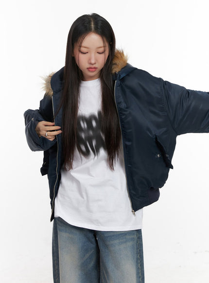 fur-detail-hooded-bomber-jacket-cd411 / Dark blue