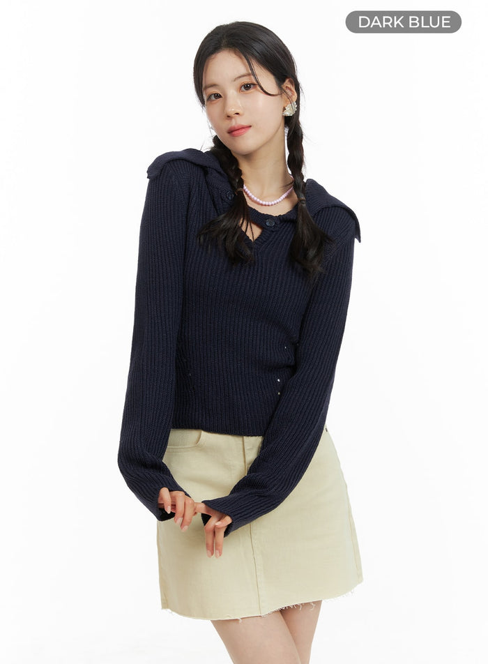 wool-blend-unbalanced-neck-knit-collar-sweater-om420 / Dark blue