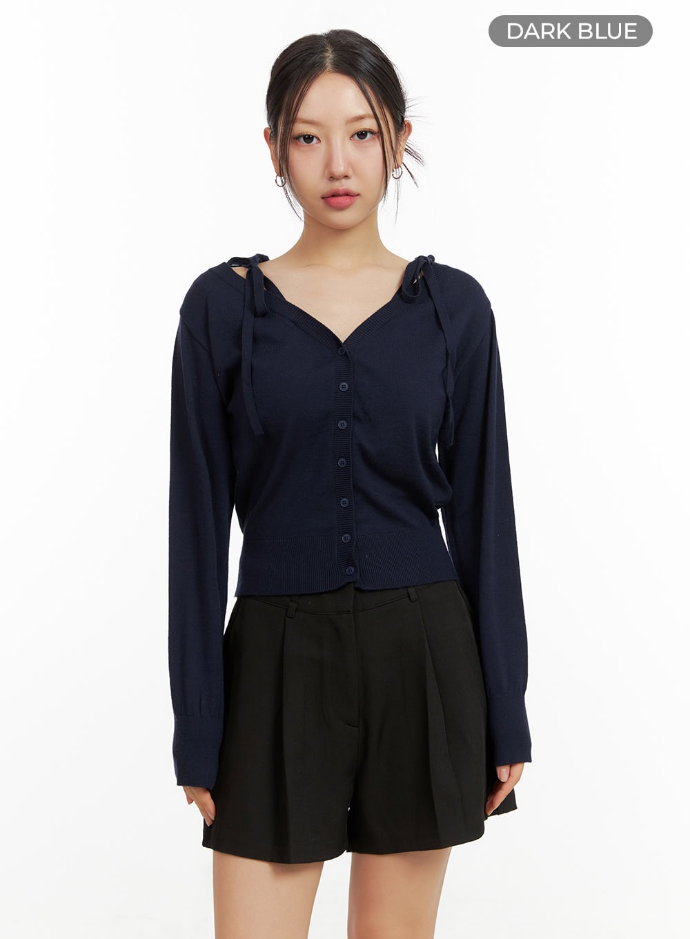 v-neck-strap-buttoned-cardigan-ou407 / Dark blue
