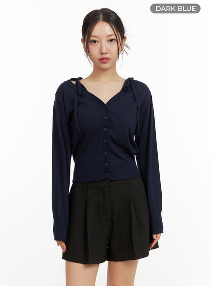 v-neck-strap-buttoned-cardigan-ou407 / Dark blue