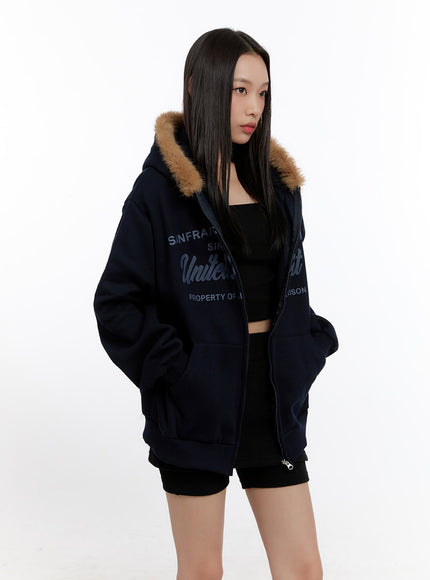 fuzzy-hooded-lettering-sweatshirt-cn421 / Dark blue