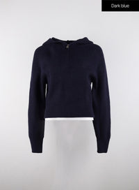 long-sleeve-solid-zipper-pocket-knit-hoodie-od320 / Dark blue