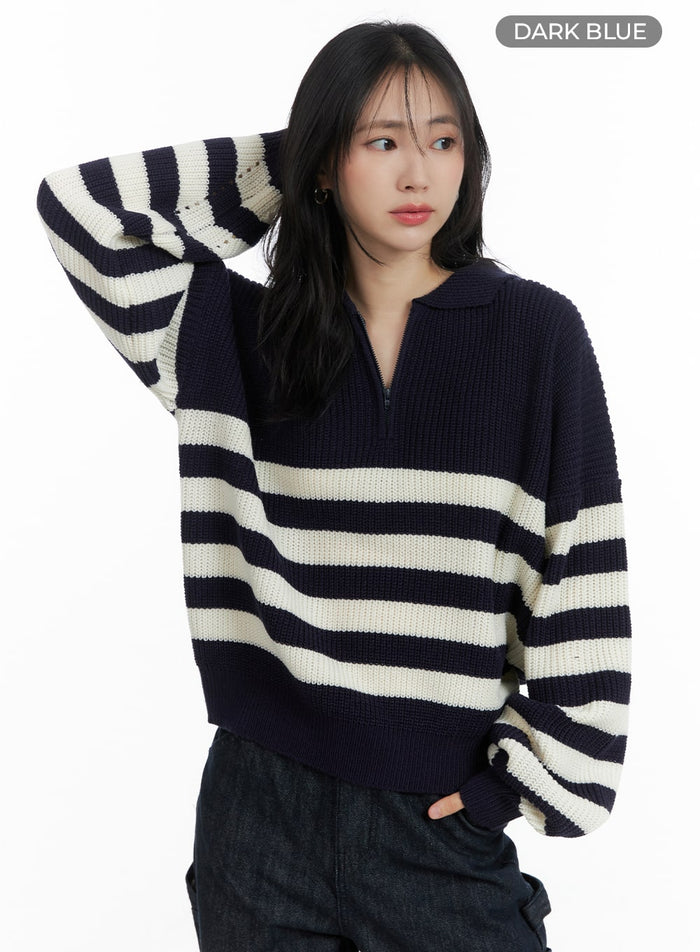 contrasting-collar-knit-sweater-om408 / Dark blue