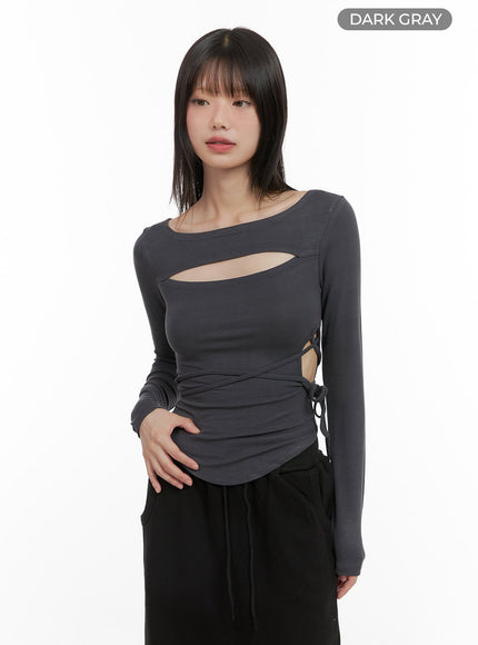 cut-out-tie-long-sleeve-crop-tee-cg426 / Dark gray
