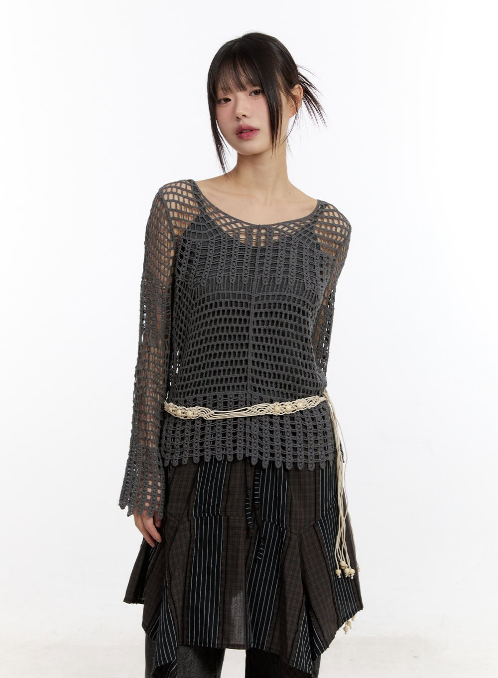 Mesh Knit Sweater with Belt and Tank Top CA508