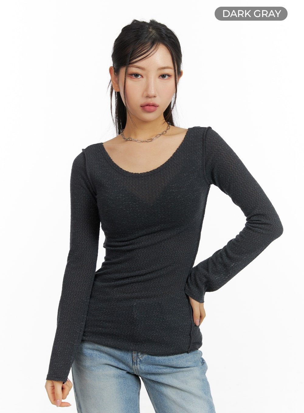 u-neck-stitch-detail-long-sleeve-cm411 / Dark gray